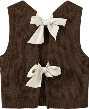 Lianlive Sweater Vest Top for Women Casual Crop Knit Cardigan Vest Bow Tie Back Knitted Tank Tops