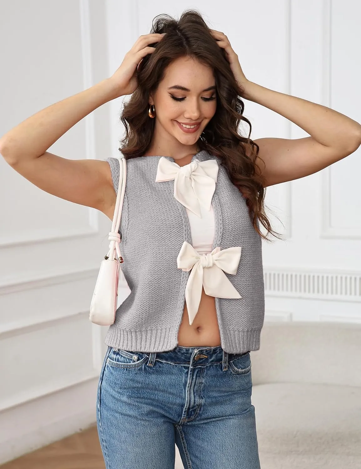 Lianlive Sweater Vest Top for Women Casual Crop Knit Cardigan Vest Bow Tie Back Knitted Tank Tops