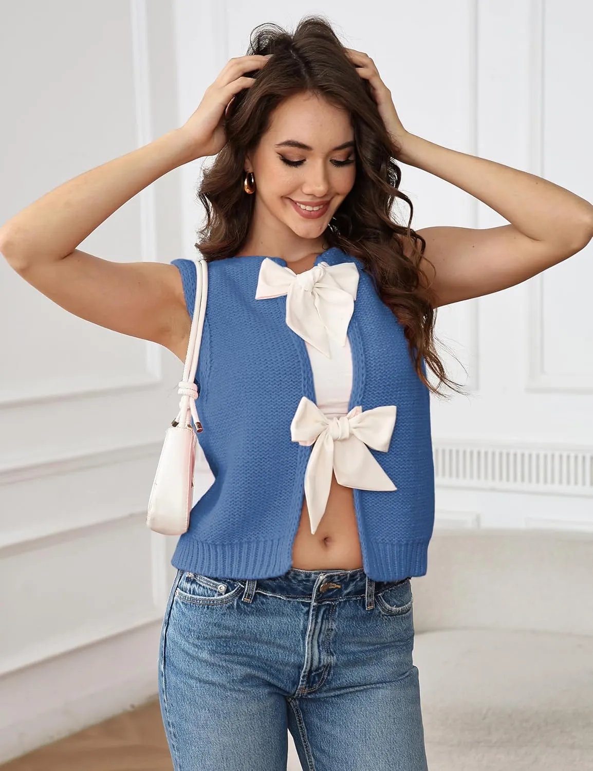Lianlive Sweater Vest Top for Women Casual Crop Knit Cardigan Vest Bow Tie Back Knitted Tank Tops