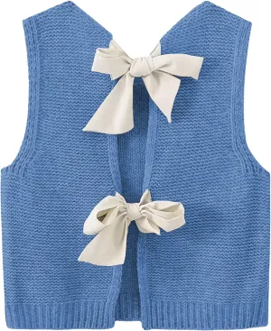 Lianlive Sweater Vest Top for Women Casual Crop Knit Cardigan Vest Bow Tie Back Knitted Tank Tops