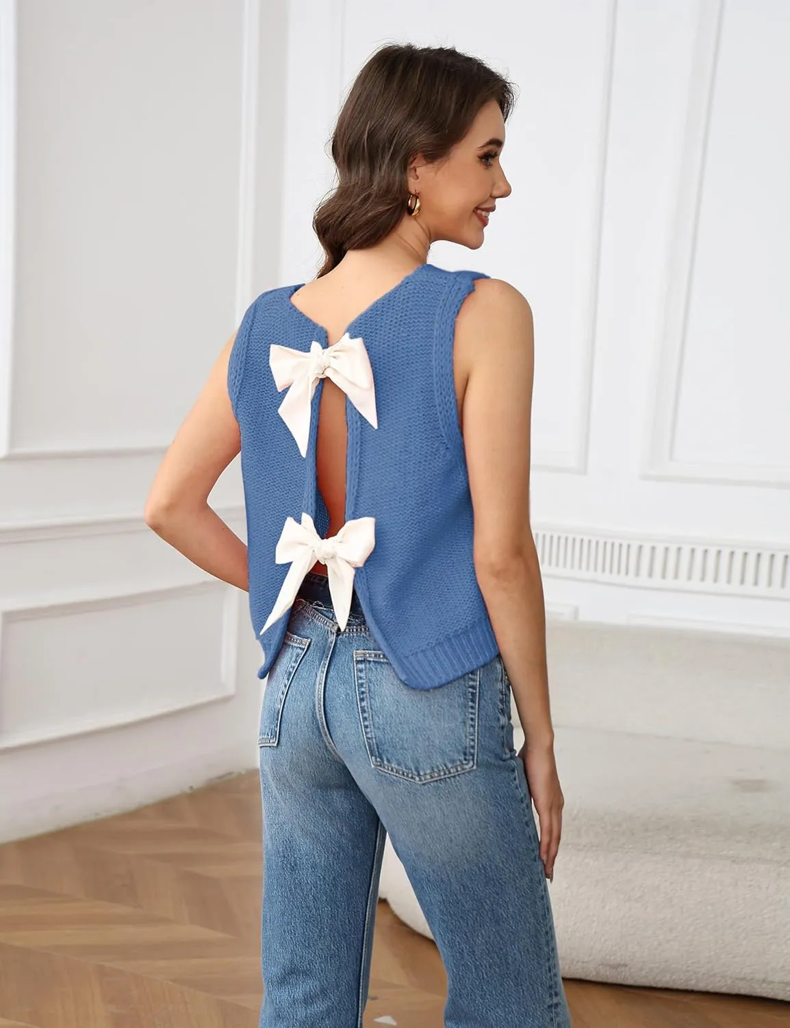 Lianlive Sweater Vest Top for Women Casual Crop Knit Cardigan Vest Bow Tie Back Knitted Tank Tops