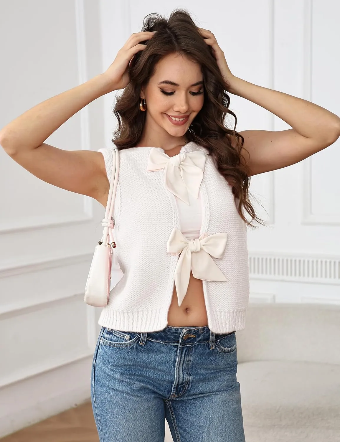 Lianlive Sweater Vest Top for Women Casual Crop Knit Cardigan Vest Bow Tie Back Knitted Tank Tops
