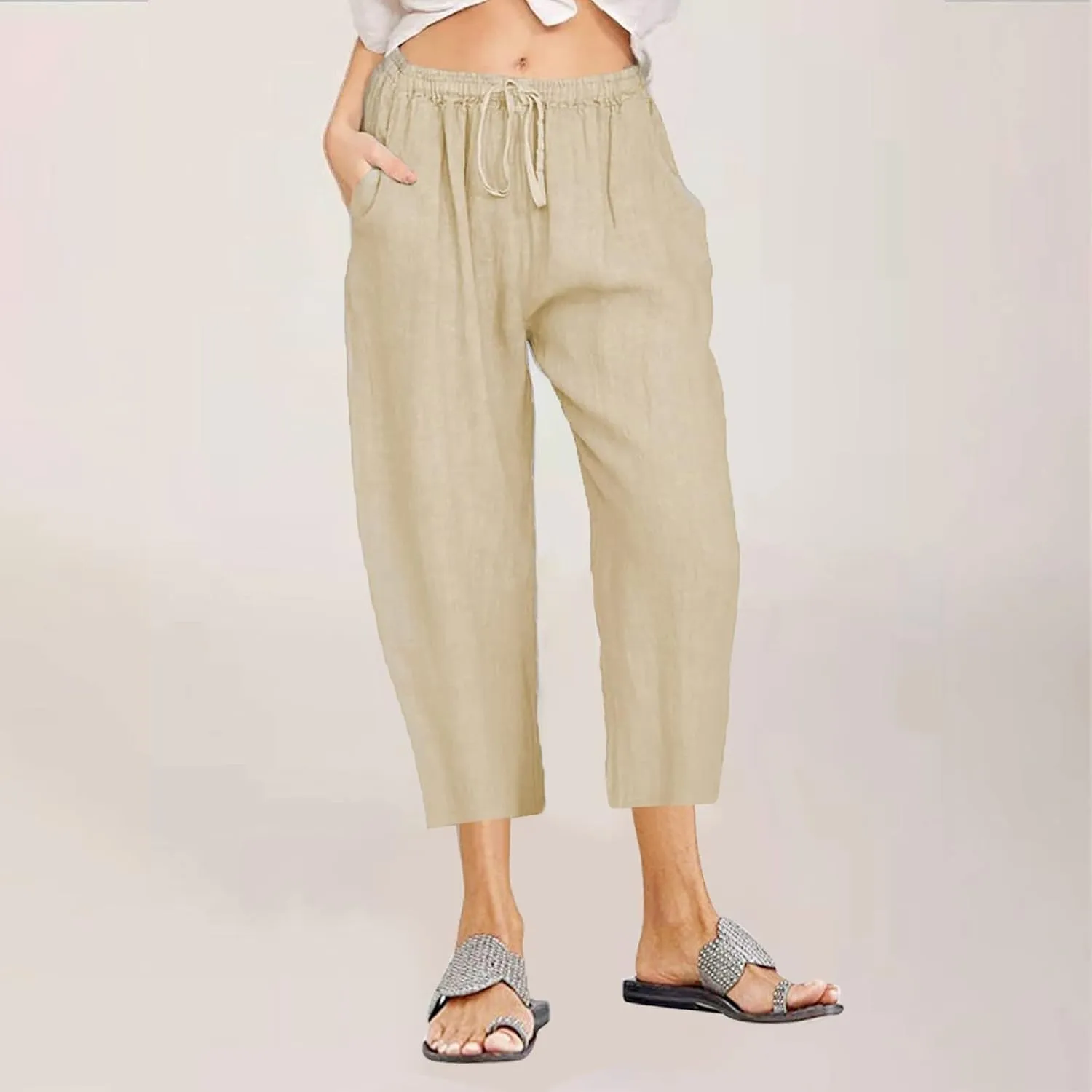 Linen Capris Pants Women Plus Size Casual Summer 2025 Loose Fit Drawstring Elastic Waist Cropped Trouser Lounge Pant