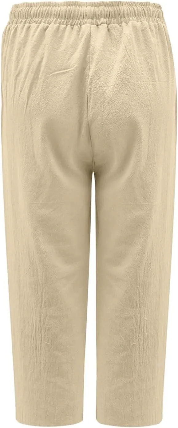 Linen Capris Pants Women Plus Size Casual Summer 2025 Loose Fit Drawstring Elastic Waist Cropped Trouser Lounge Pant
