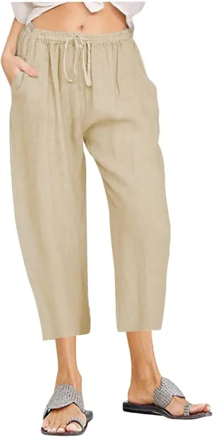Linen Capris Pants Women Plus Size Casual Summer 2025 Loose Fit Drawstring Elastic Waist Cropped Trouser Lounge Pant