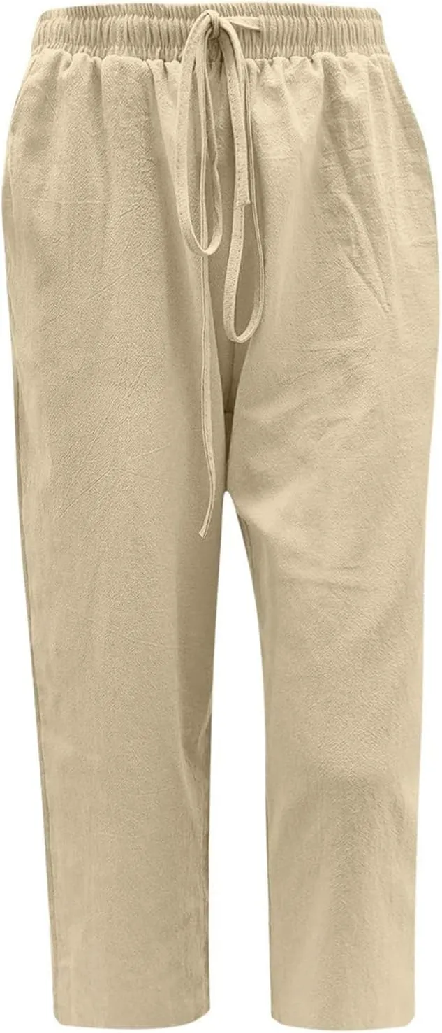 Linen Capris Pants Women Plus Size Casual Summer 2025 Loose Fit Drawstring Elastic Waist Cropped Trouser Lounge Pant