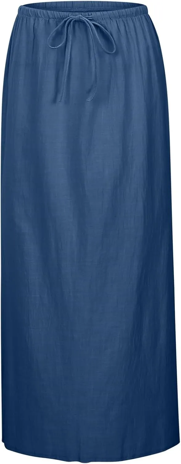 Linen Maxi Skirts for Women Trendy Summer Comfy Drawstring Waist A Line Skirts 2025 Vacation Boho Long Flowy Skirts