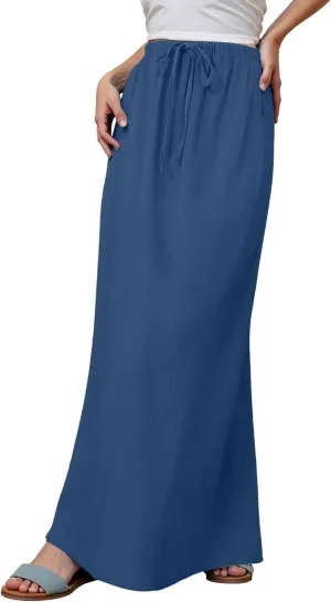 Linen Maxi Skirts for Women Trendy Summer Comfy Drawstring Waist A Line Skirts 2025 Vacation Boho Long Flowy Skirts