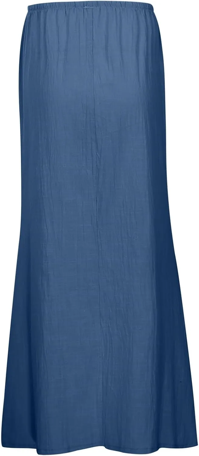 Linen Maxi Skirts for Women Trendy Summer Comfy Drawstring Waist A Line Skirts 2025 Vacation Boho Long Flowy Skirts