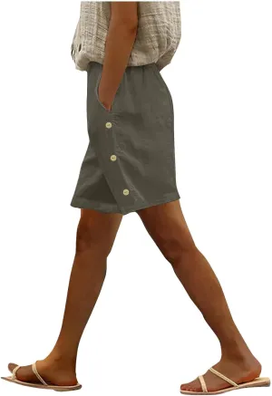 Linen Shorts for Women High Waist Elastic Bermuda Pants Summer Casual Wide Leg Beach Loose Trousers with Pocket
