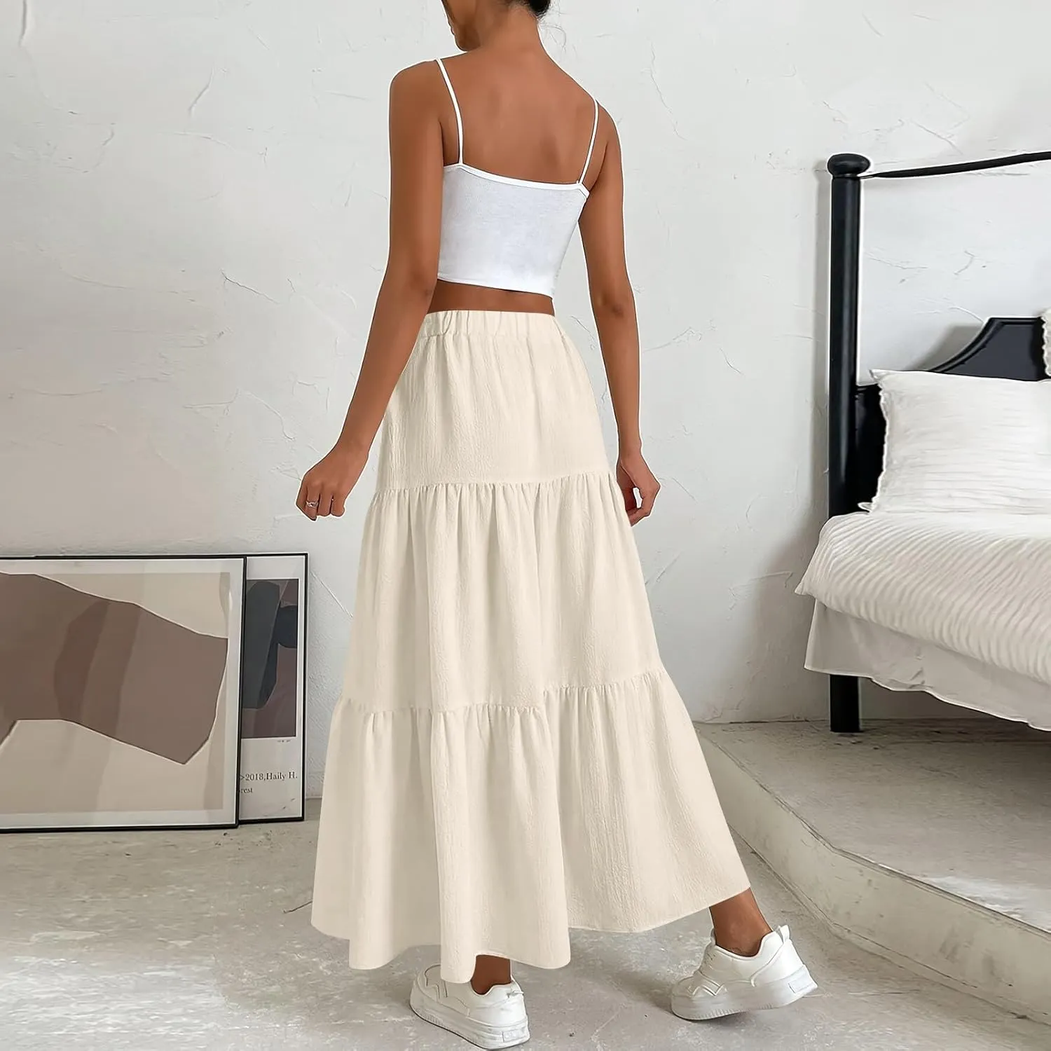 Linen Skirts for Women 2025 Casual Summer Bow High Waisted Tiered Maxi Skirt Flowy Vacation Beach Long Pleated Skirt