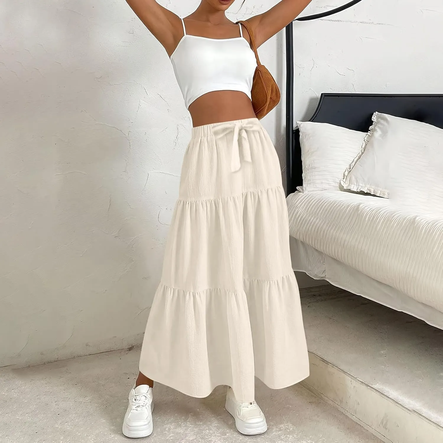 Linen Skirts for Women 2025 Casual Summer Bow High Waisted Tiered Maxi Skirt Flowy Vacation Beach Long Pleated Skirt