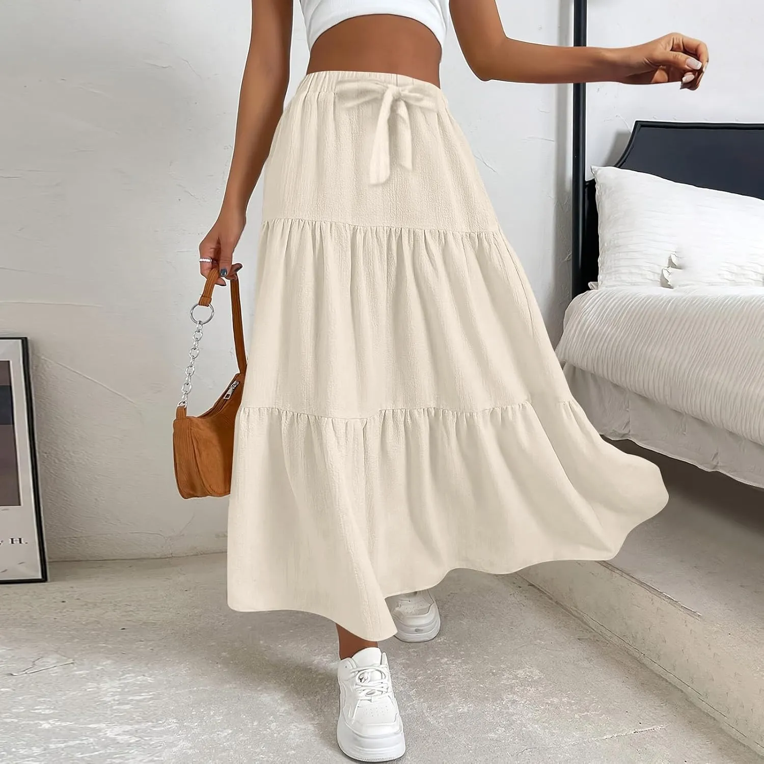 Linen Skirts for Women 2025 Casual Summer Bow High Waisted Tiered Maxi Skirt Flowy Vacation Beach Long Pleated Skirt