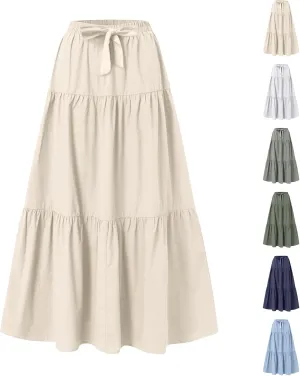 Linen Skirts for Women 2025 Casual Summer Bow High Waisted Tiered Maxi Skirt Flowy Vacation Beach Long Pleated Skirt