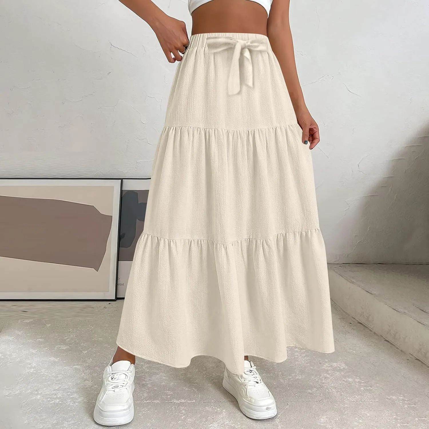 Linen Skirts for Women 2025 Casual Summer Bow High Waisted Tiered Maxi Skirt Flowy Vacation Beach Long Pleated Skirt