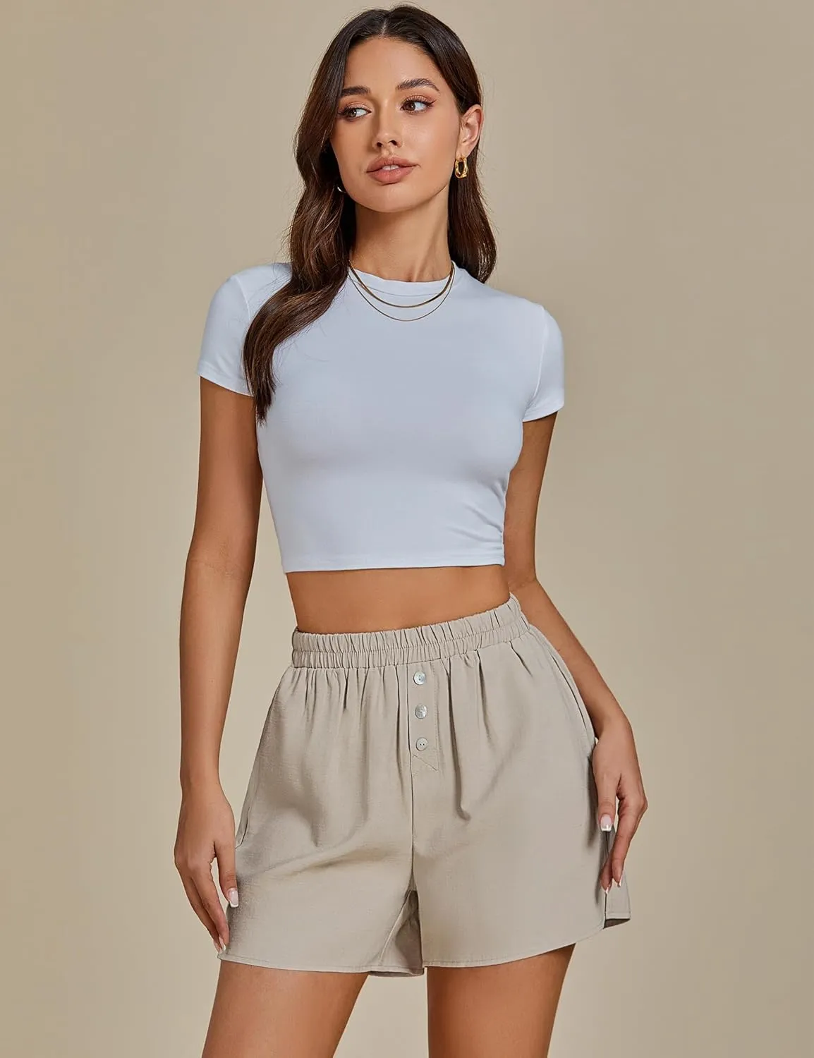luvamia Linen Shorts for Women High Waisted Buttoned Elastic Waist Casual Summer Beach Lounge Comfy Shorts with Pockets