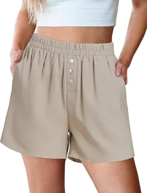 luvamia Linen Shorts for Women High Waisted Buttoned Elastic Waist Casual Summer Beach Lounge Comfy Shorts with Pockets