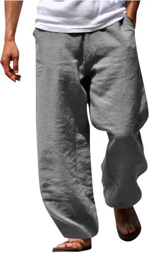 Mens Cotton Linen Pants Wide Leg Elastic Waist Casual Pants Comfy Loose Lightweight Trousers with Pockets