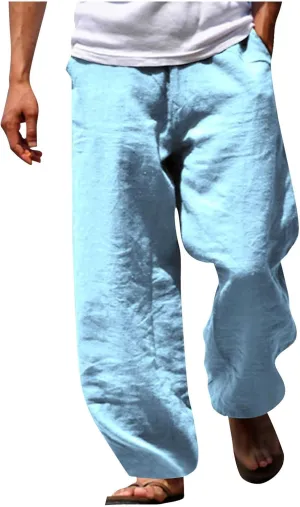 Mens Cotton Linen Pants Wide Leg Elastic Waist Casual Pants Comfy Loose Lightweight Trousers with Pockets
