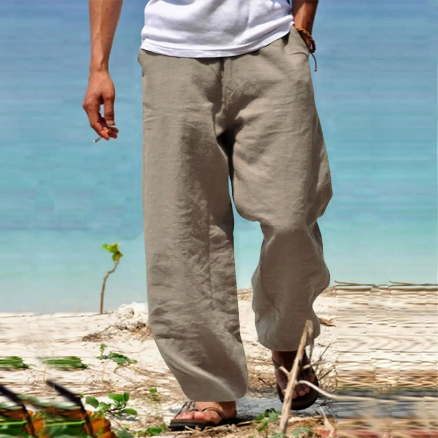 Mens Cotton Linen Pants Wide Leg Elastic Waist Casual Pants Comfy Loose Lightweight Trousers with Pockets