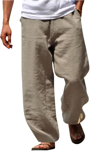 Mens Cotton Linen Pants Wide Leg Elastic Waist Casual Pants Comfy Loose Lightweight Trousers with Pockets
