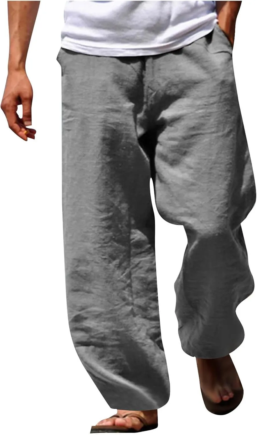 Mens Cotton Linen Pants Wide Leg Elastic Waist Casual Pants Comfy Loose Lightweight Trousers with Pockets