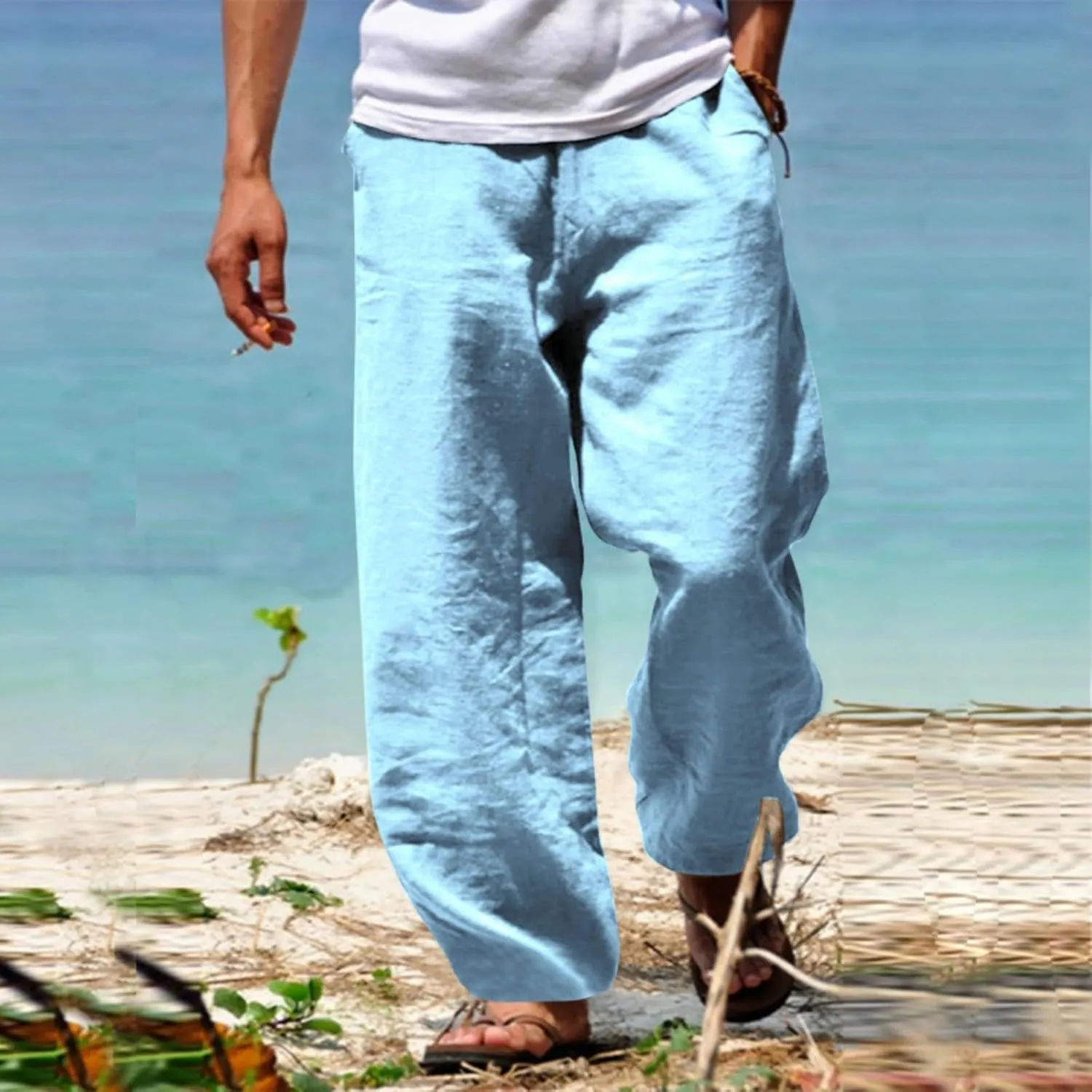 Mens Cotton Linen Pants Wide Leg Elastic Waist Casual Pants Comfy Loose Lightweight Trousers with Pockets