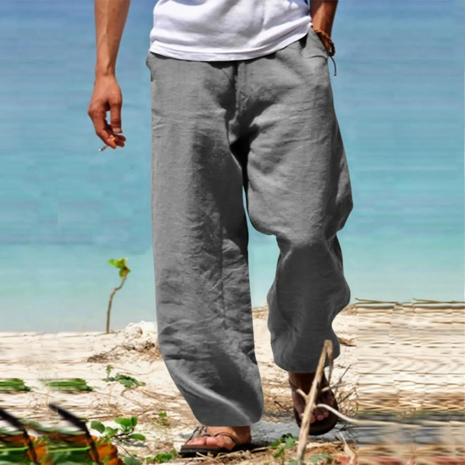 Mens Cotton Linen Pants Wide Leg Elastic Waist Casual Pants Comfy Loose Lightweight Trousers with Pockets