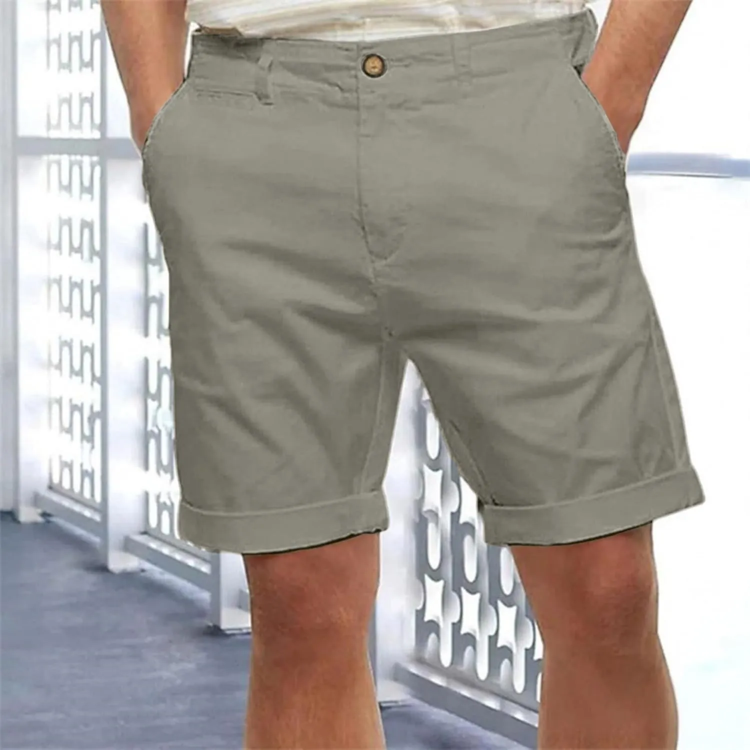 Mens Cotton Linen Shorts Casual Elastic Waist Drawstring Summer Beach Golf Shorts with Pockets