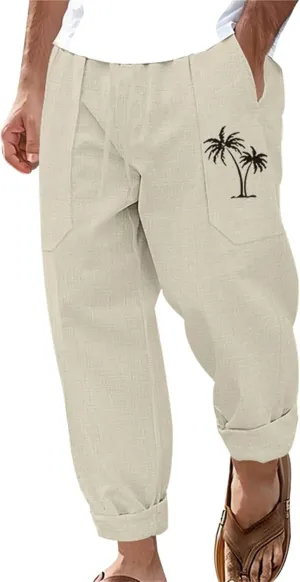 Men's Cotton Linen Trousers Solid Color Drawstring Casual Pants Comfy Breathable Beach Pants Loose Fit Thin Trousers