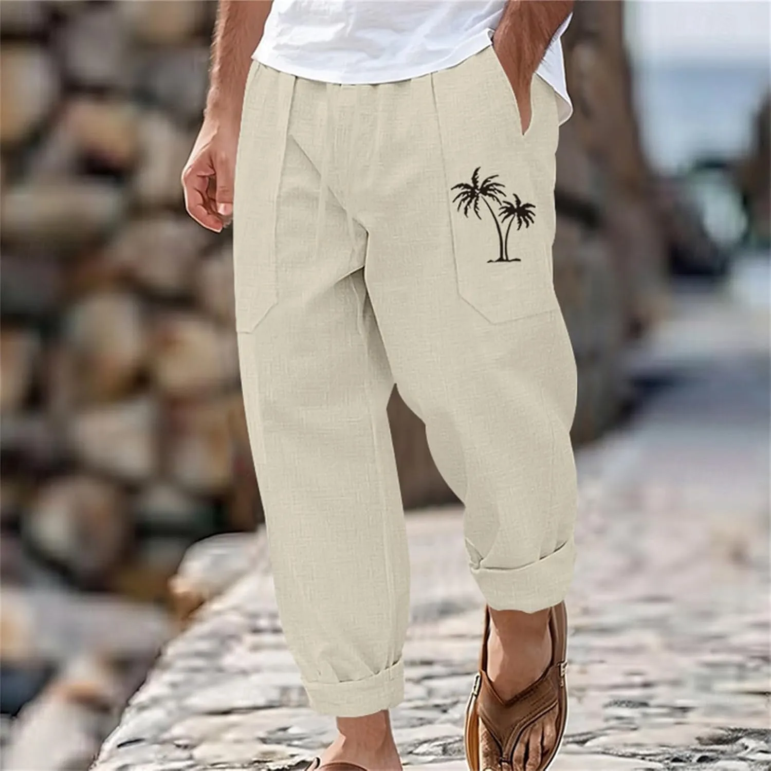 Men's Cotton Linen Trousers Solid Color Drawstring Casual Pants Comfy Breathable Beach Pants Loose Fit Thin Trousers