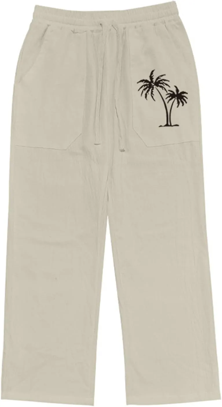 Men's Cotton Linen Trousers Solid Color Drawstring Casual Pants Comfy Breathable Beach Pants Loose Fit Thin Trousers
