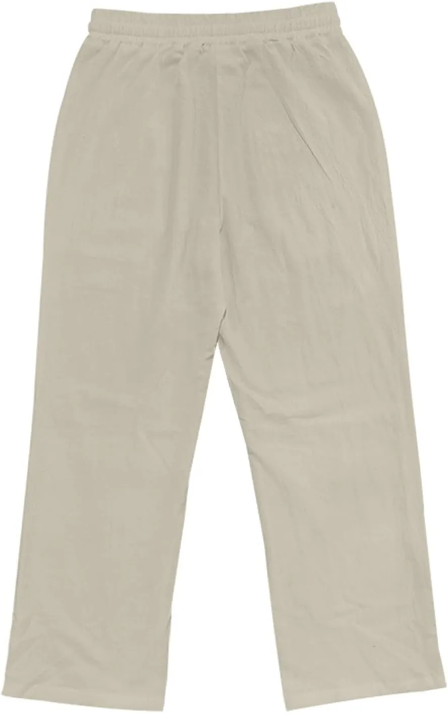 Men's Cotton Linen Trousers Solid Color Drawstring Casual Pants Comfy Breathable Beach Pants Loose Fit Thin Trousers