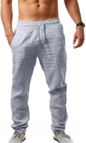 Men's Cotton Linen Trousers Sports Workout Baggy Pants Breathable Comfy Sweat Pants Summer Lightweight Soft Trousers