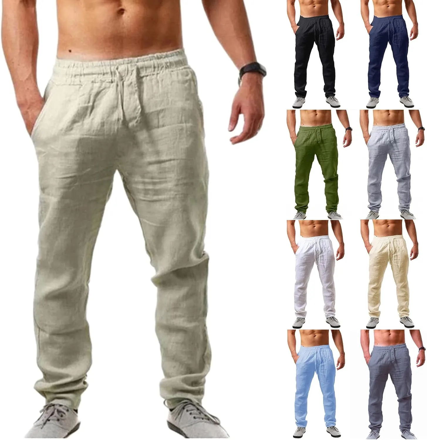Men's Cotton Linen Trousers Sports Workout Baggy Pants Breathable Comfy Sweat Pants Summer Lightweight Soft Trousers