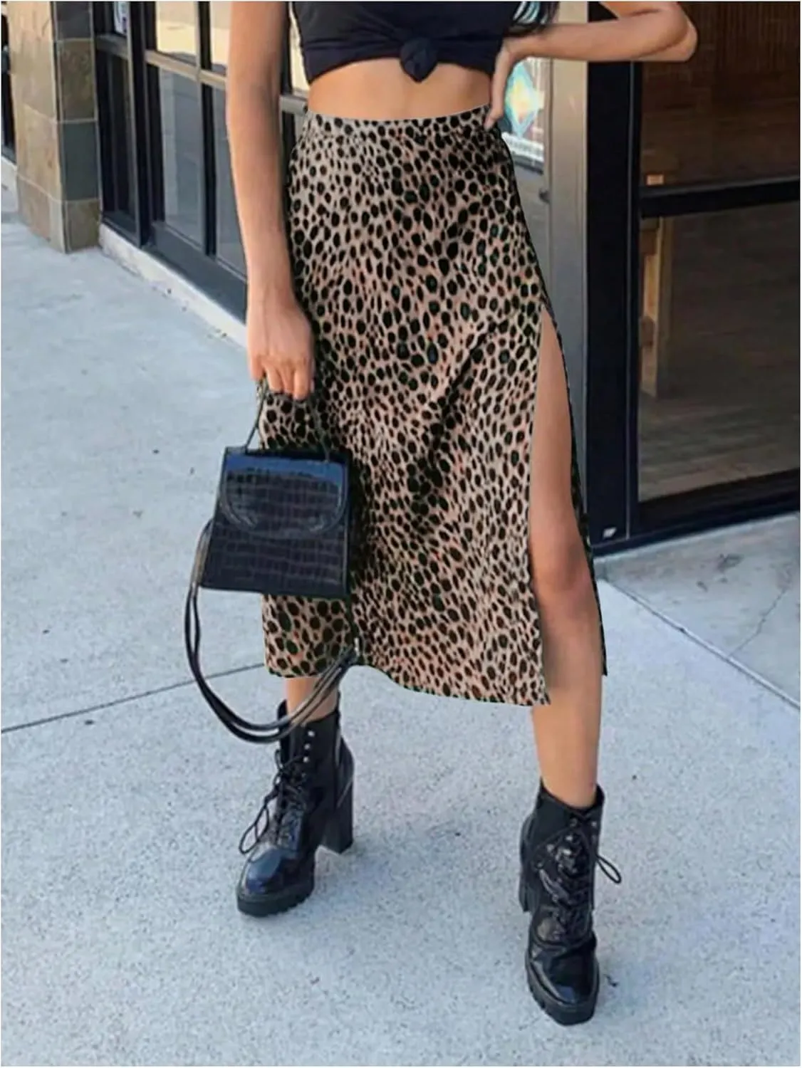 OYOANGLE Women's Plus Size Leopard Print Midi Skirts High Waist High Slit Casual Long Skirt