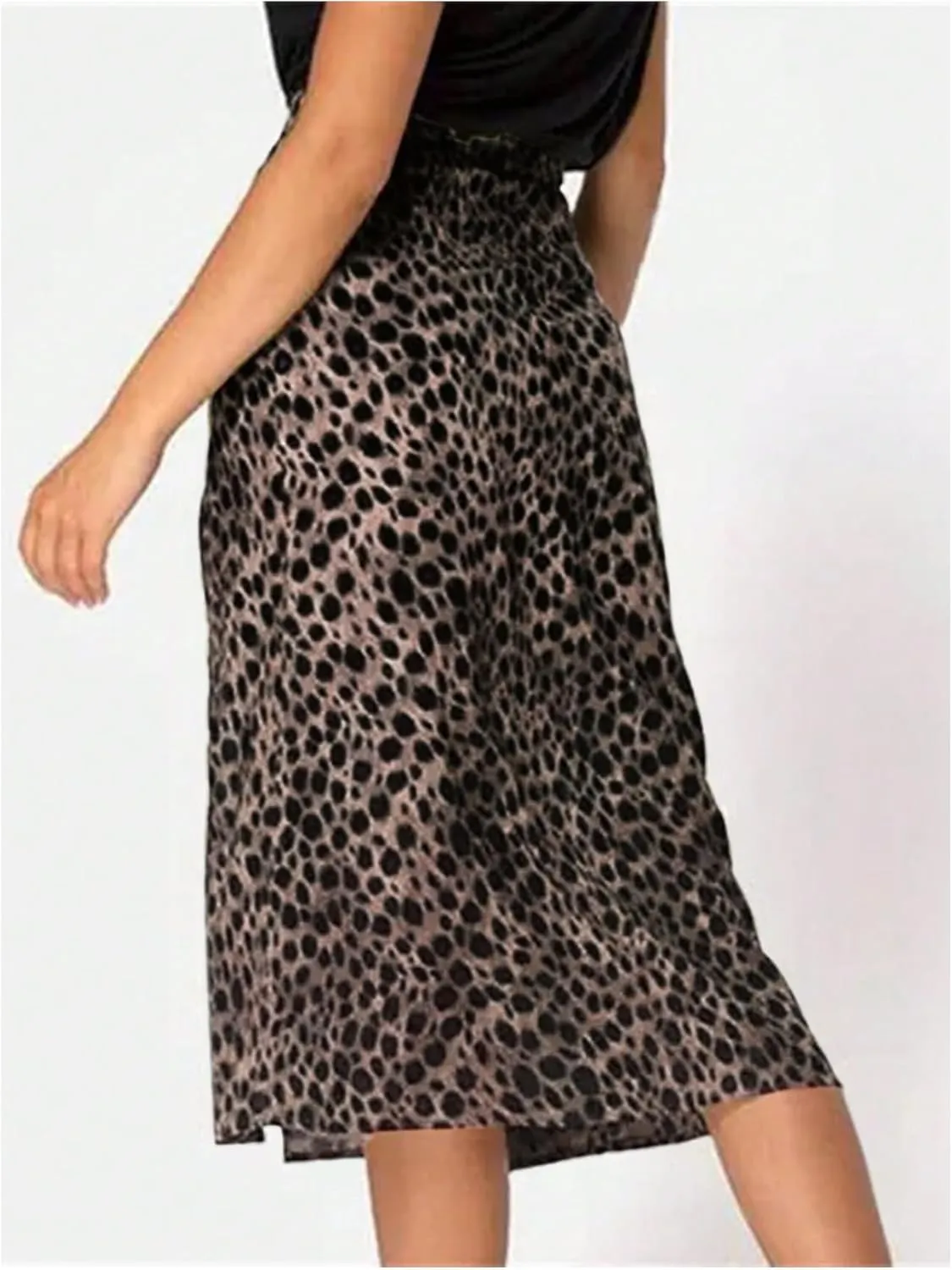OYOANGLE Women's Plus Size Leopard Print Midi Skirts High Waist High Slit Casual Long Skirt
