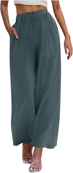 Palazzo Pants Womens High Waisted Straight Wide Leg Linen Trousers Lightweight Drawstring Elastic Flowy Summer Outfits