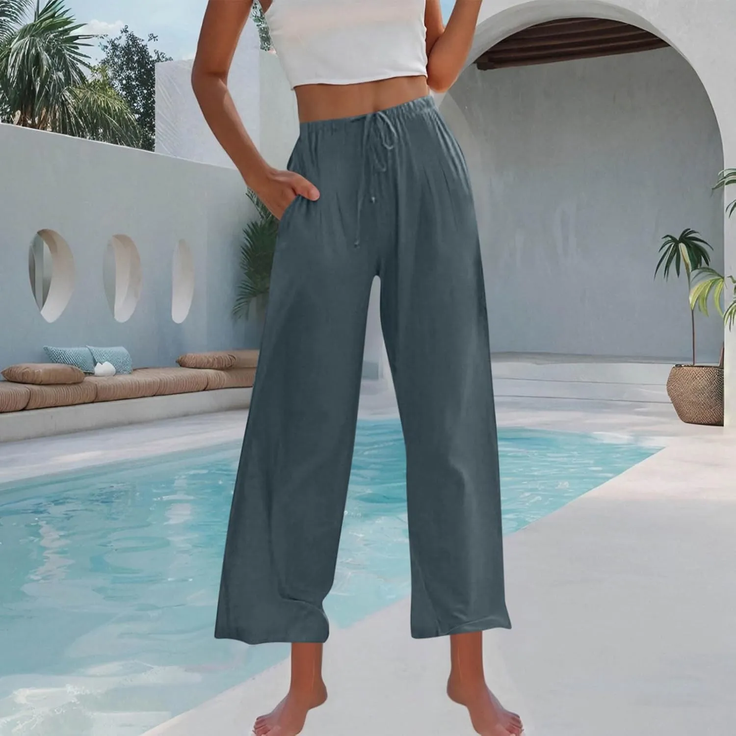 Palazzo Pants Womens High Waisted Straight Wide Leg Linen Trousers Lightweight Drawstring Elastic Flowy Summer Outfits
