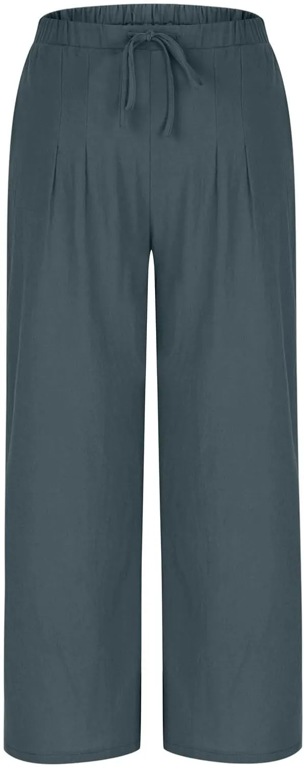Palazzo Pants Womens High Waisted Straight Wide Leg Linen Trousers Lightweight Drawstring Elastic Flowy Summer Outfits