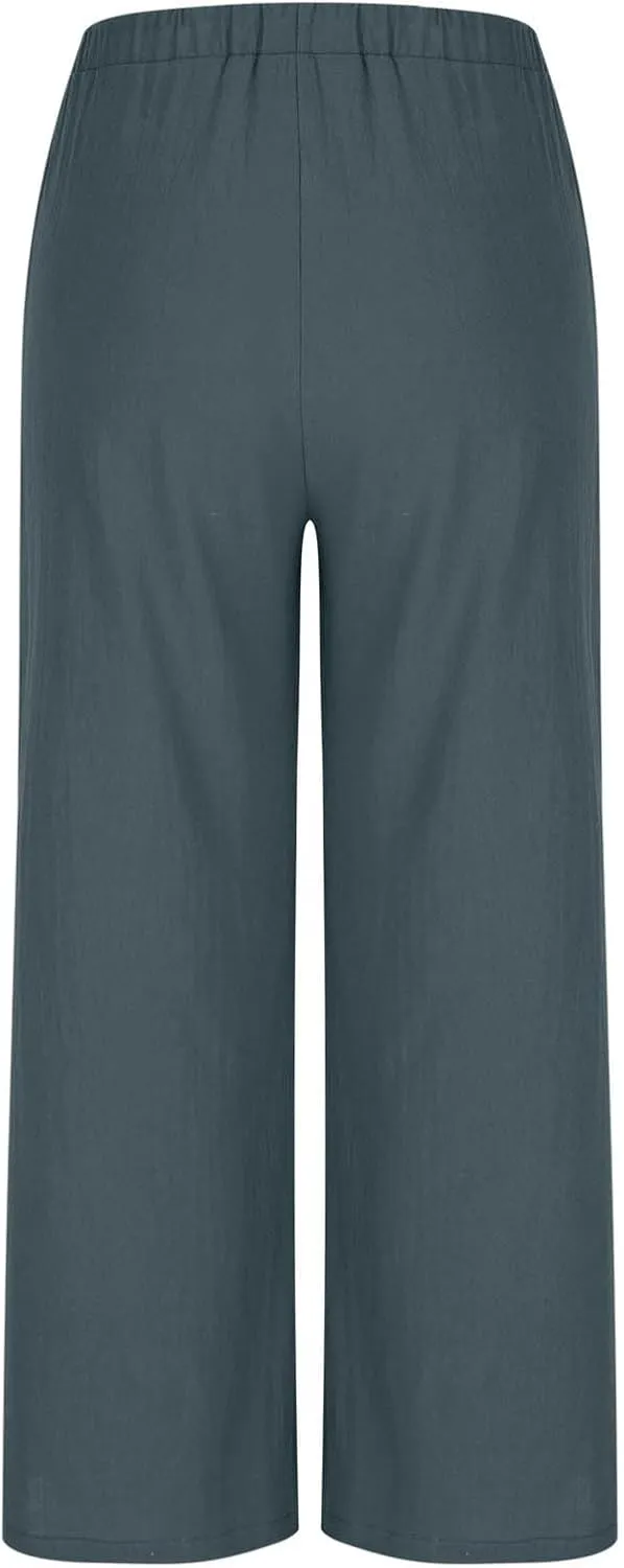 Palazzo Pants Womens High Waisted Straight Wide Leg Linen Trousers Lightweight Drawstring Elastic Flowy Summer Outfits