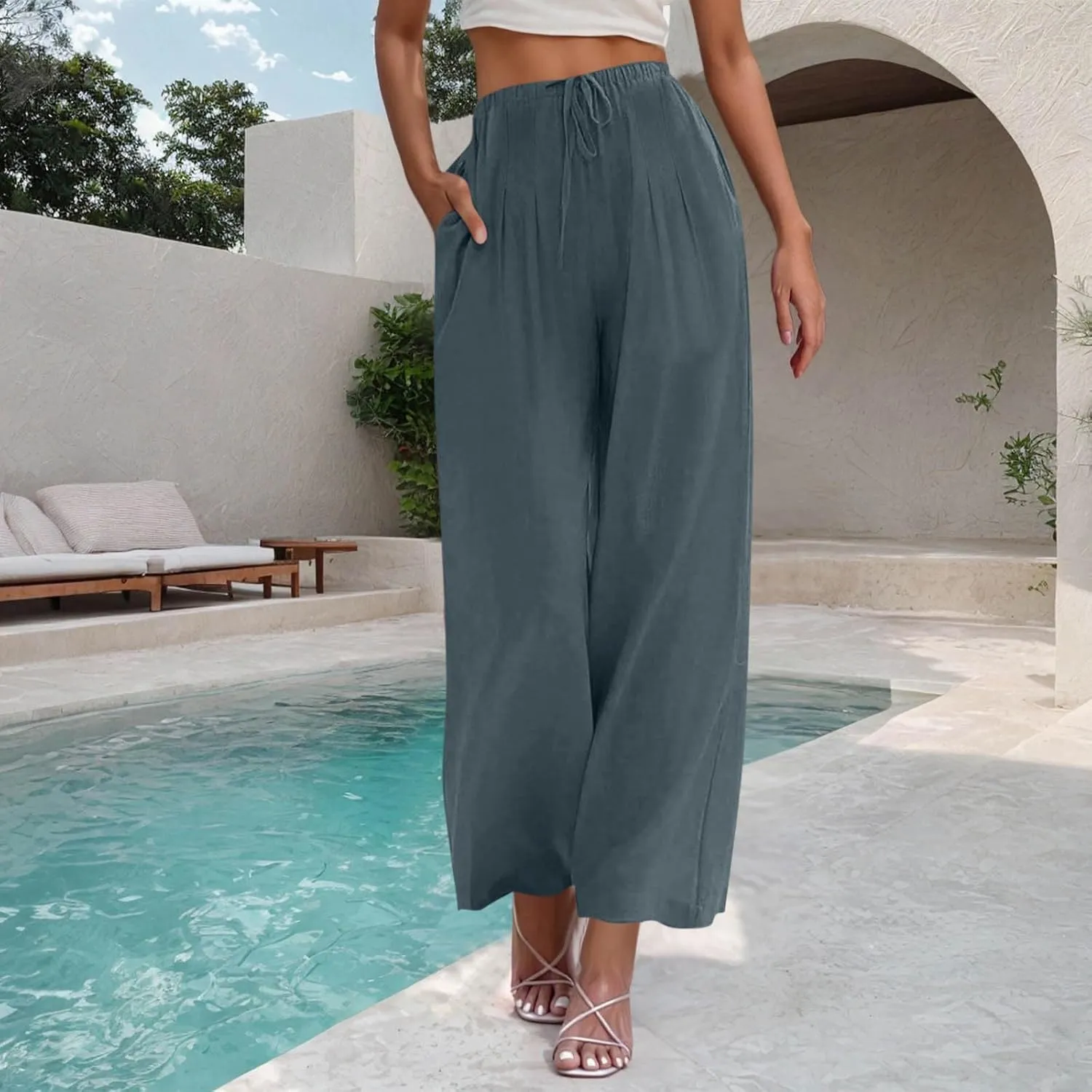 Palazzo Pants Womens High Waisted Straight Wide Leg Linen Trousers Lightweight Drawstring Elastic Flowy Summer Outfits