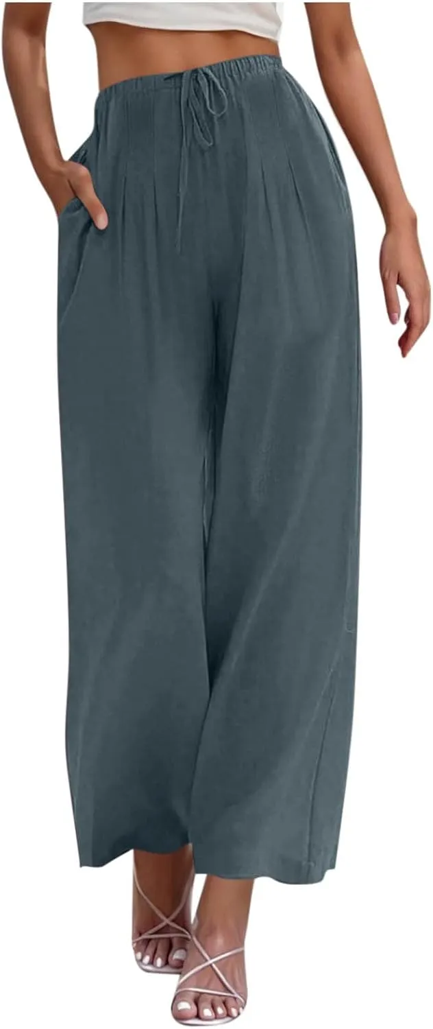 Palazzo Pants Womens High Waisted Straight Wide Leg Linen Trousers Lightweight Drawstring Elastic Flowy Summer Outfits