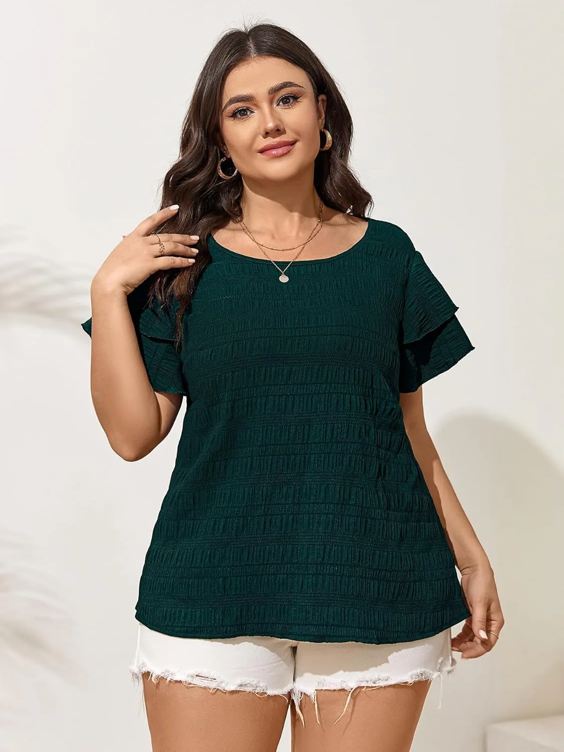 SCOMCHIC Womens Plus Size Textured Tops Summer Ruffle Short Sleeve Casual T Shirts Crewneck Loose Fit Tee Blouse Shirts