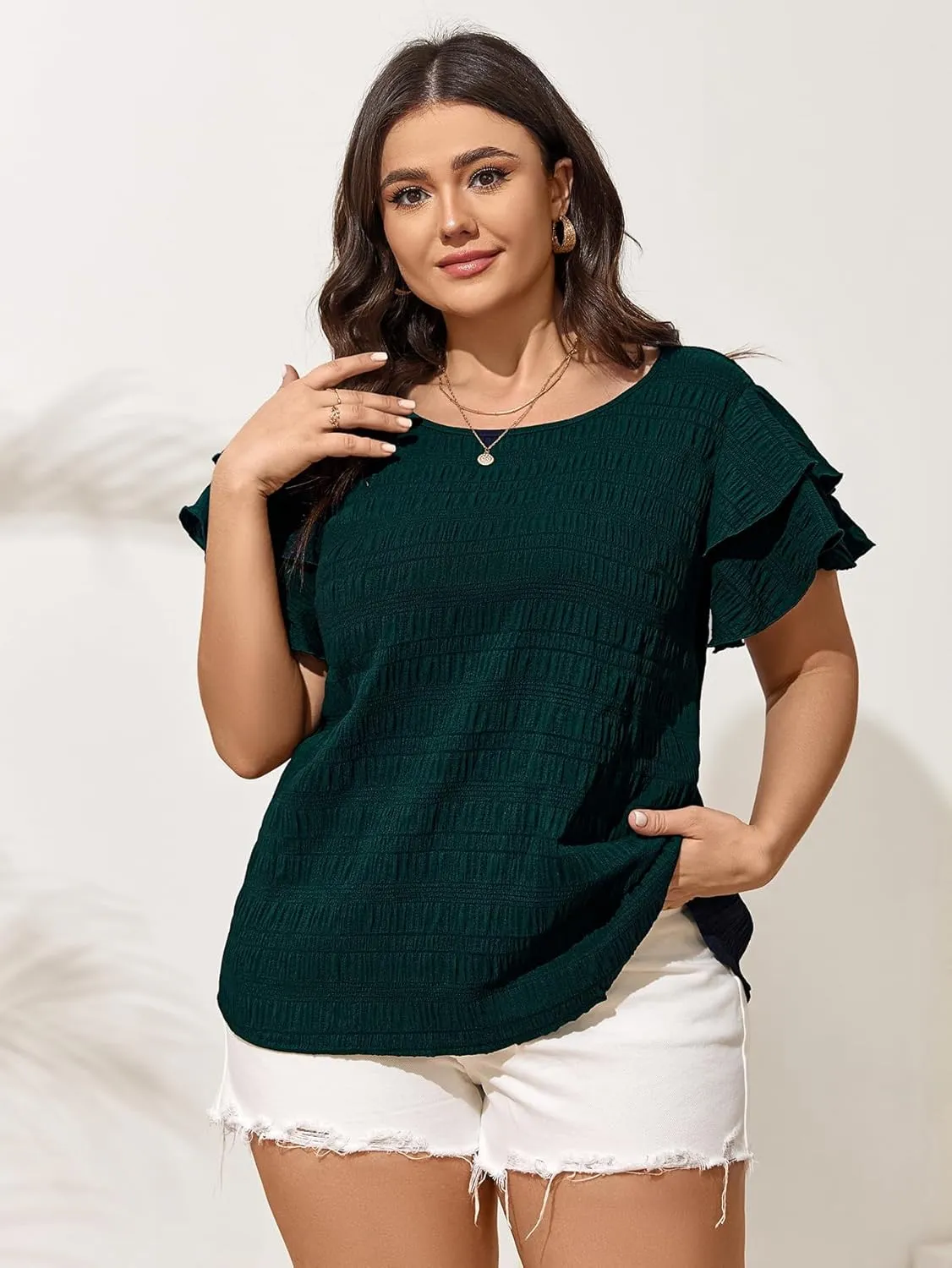 SCOMCHIC Womens Plus Size Textured Tops Summer Ruffle Short Sleeve Casual T Shirts Crewneck Loose Fit Tee Blouse Shirts