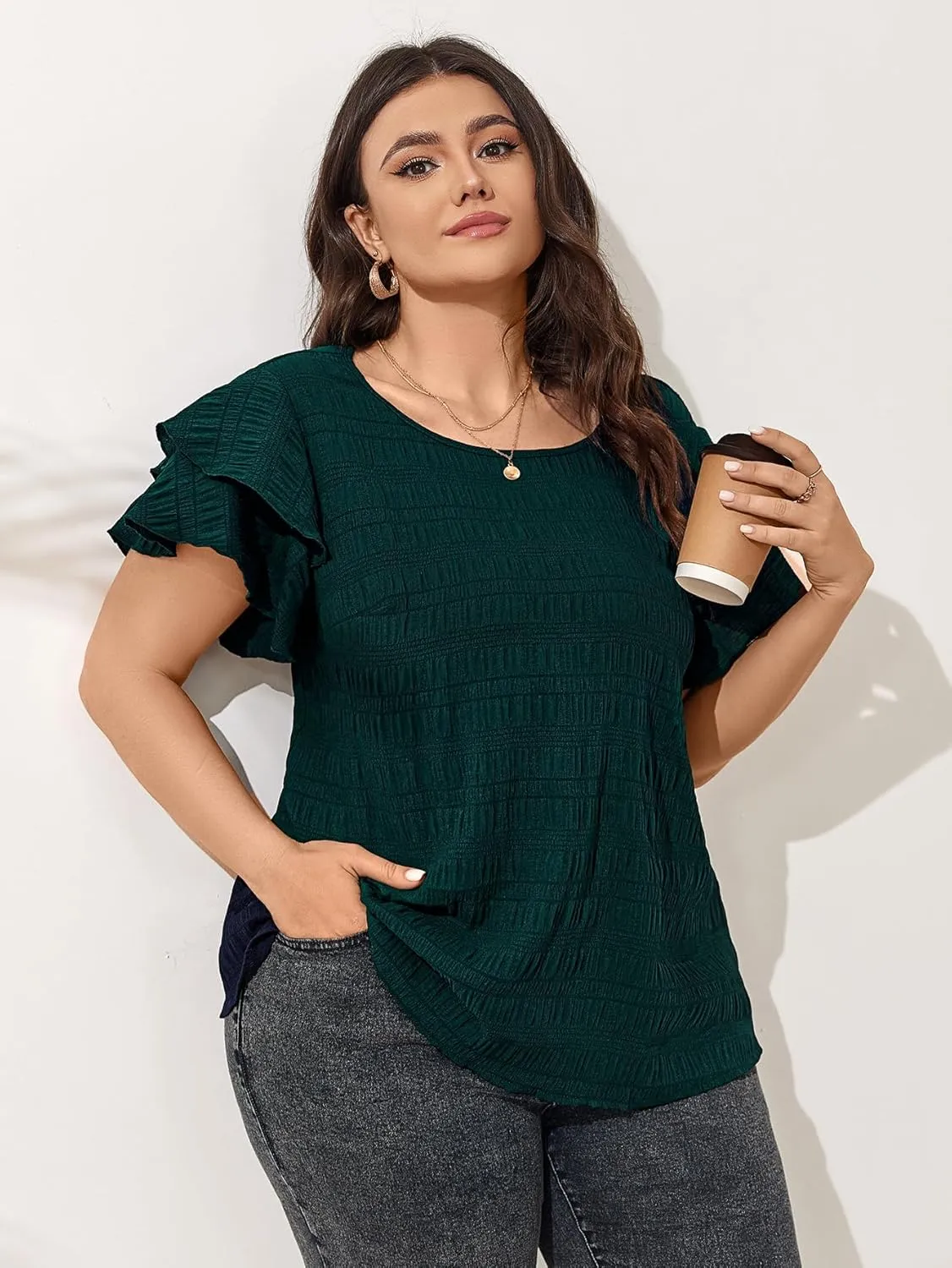 SCOMCHIC Womens Plus Size Textured Tops Summer Ruffle Short Sleeve Casual T Shirts Crewneck Loose Fit Tee Blouse Shirts