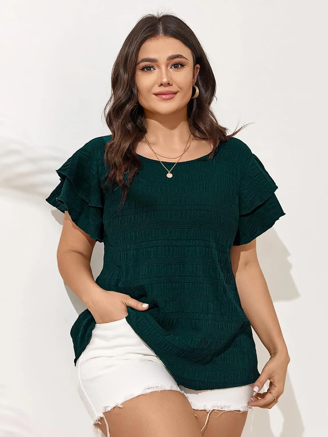 SCOMCHIC Womens Plus Size Textured Tops Summer Ruffle Short Sleeve Casual T Shirts Crewneck Loose Fit Tee Blouse Shirts