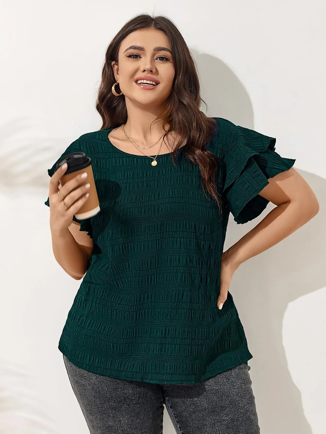 SCOMCHIC Womens Plus Size Textured Tops Summer Ruffle Short Sleeve Casual T Shirts Crewneck Loose Fit Tee Blouse Shirts
