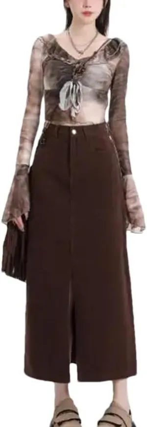 Split Denim Skirt for Women's High Waisted Loose A-Line Long Wrap Hip Skirt