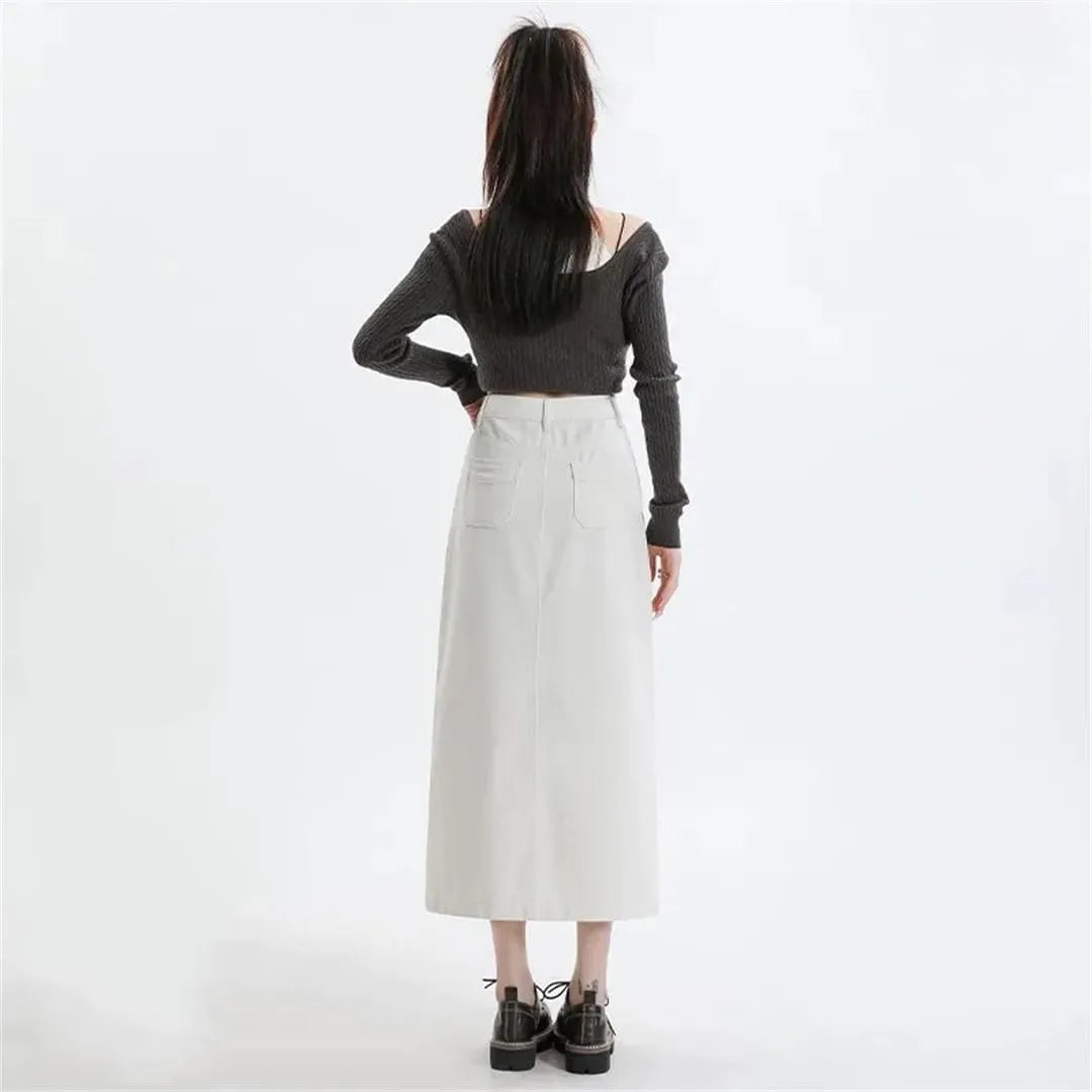 Split Denim Skirt for Women's High Waisted Loose A-Line Long Wrap Hip Skirt